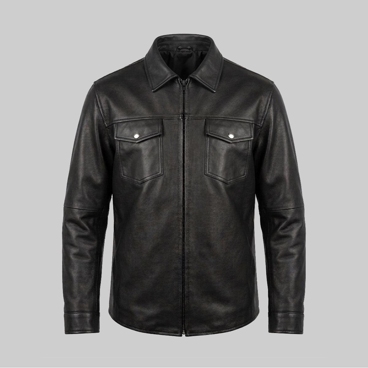 Full-Zip Leather Shirt Jacket